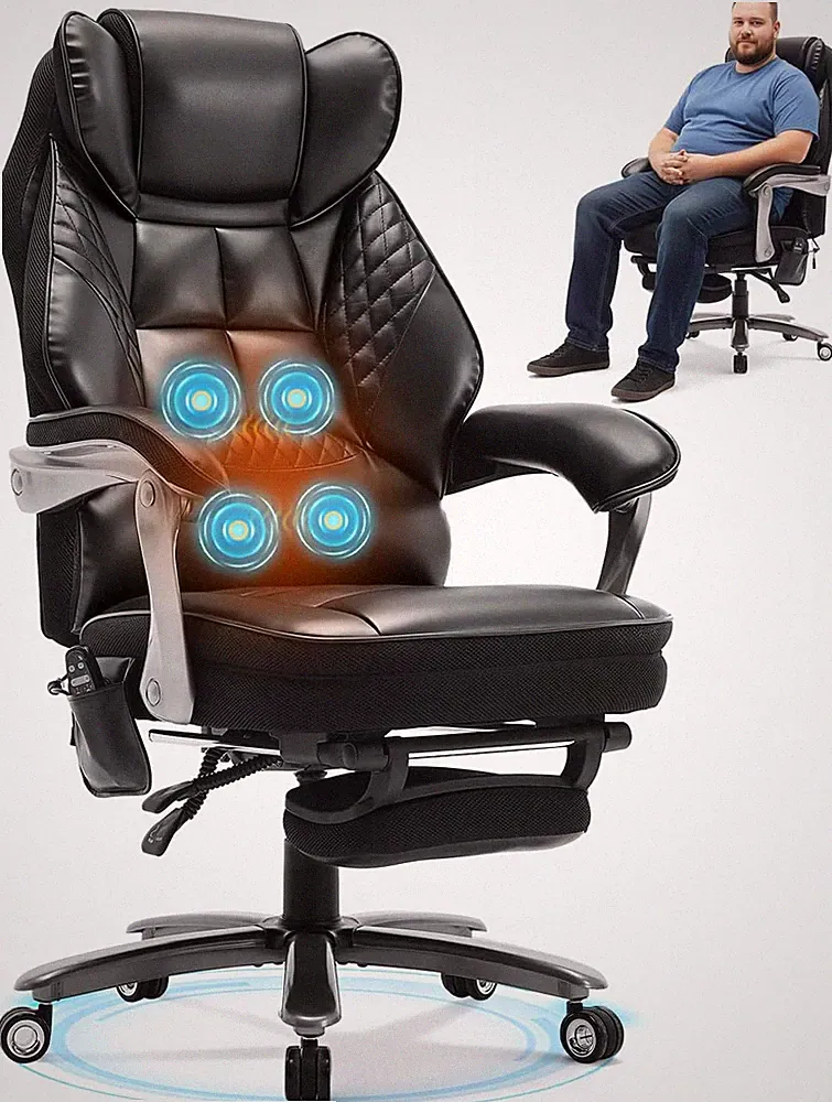 600LBS Big and Tall Office Chair with Massage and Heat, 23.5" Wide Leather Offic