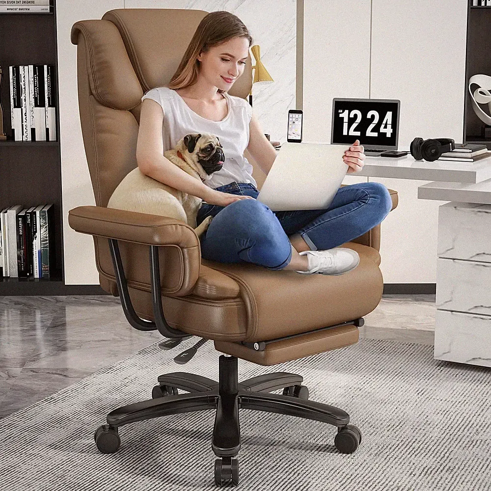 Big and Tall Office Chair 400LBS Reclining Executive Chair with Footrest Brown
