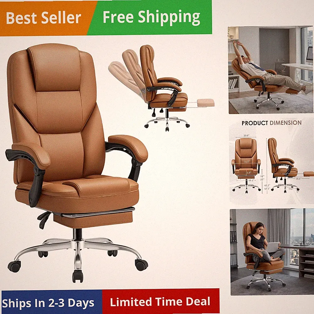 Executive Office Chair with Massage, Ergonomic Reclining High Back Leather Se...