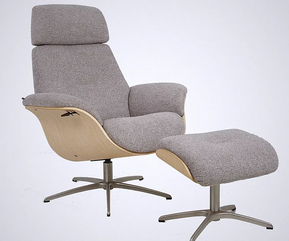 Fjords Falcon Recliner Chair and Ottoman in Maple Grey Fabric on Oak Wood Base