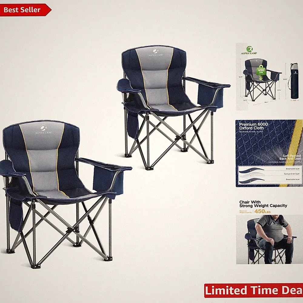 Heavy Duty Camping Chair - 500LBS Capacity, Oversized with Cooler Bag & Cup H...