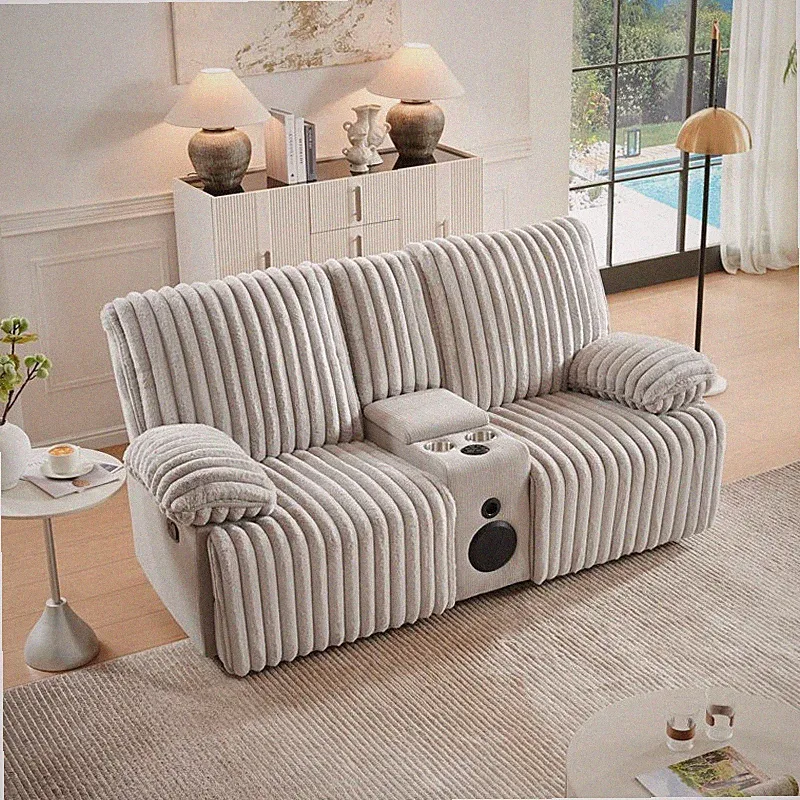 Reclining Corduroy Sofa Loveseat w Bluetooth Speaker Cup Holders Storage