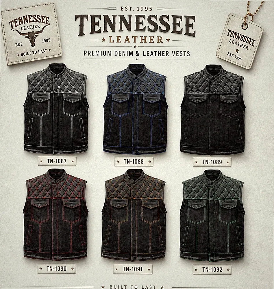 Tennessee Leather Denim And Leather Diamond Cut Club Vest With 2 Gun Pockets YKK