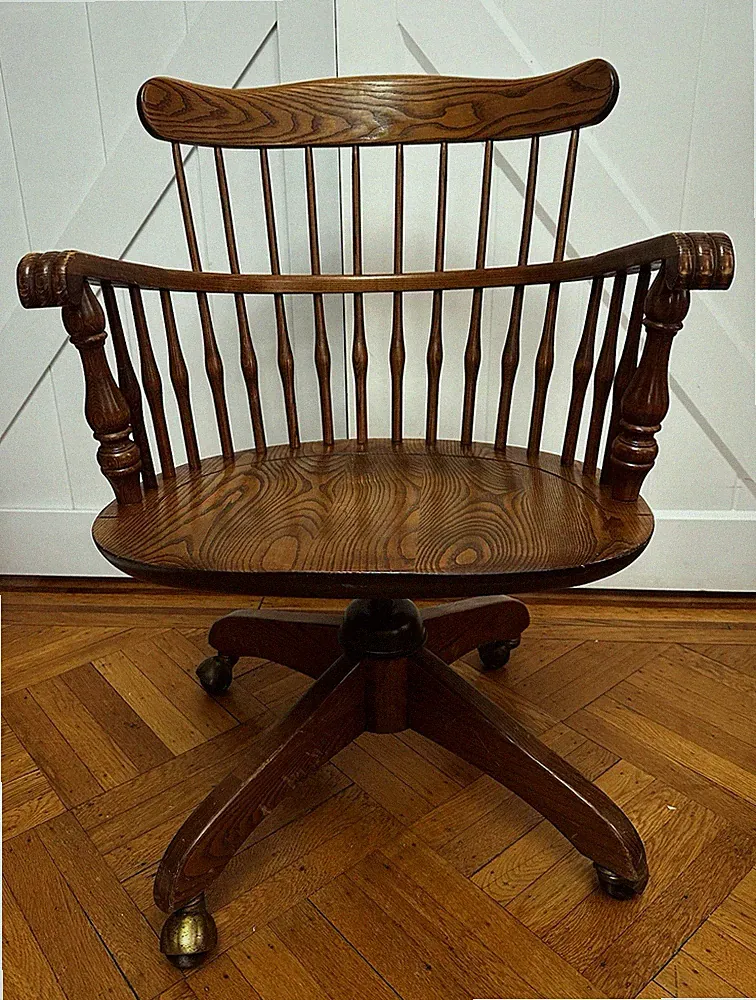 Vintage Gardner MA Solid Oak Banker Chair Windsor Captains Brass Casters